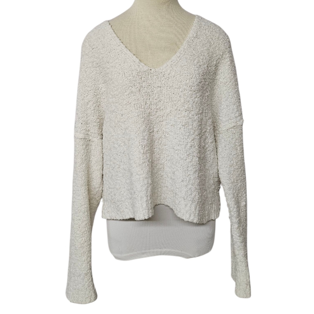 Free People Popcorn Cotton V-Neck Sweater In White Size XL - Picture 5 of 11